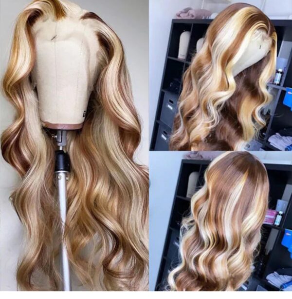 Brown With Blonde Highlighted Glueless Human Hair Wig 13x4 Lace Front Body Wave Wig