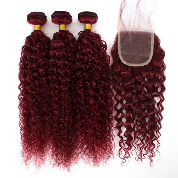 Burgundy kinky curly human hair bundles and closure